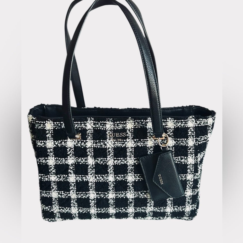 GUESS Fantine Tweed Large Tote Bag Black and White Checkered | Almost New